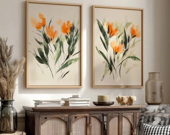 Abstract Botanical Wall Art Prints: Green, Orange, Sage Decor (Digital Download Set of 2)