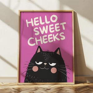 Badezimmer schwarze Katze Hallo süße Wangen Druck für Toilette Wand Kunst Druck Lustige fette Katze Druck Maximalist Badezimmer Dekor Lustiges Toiletten-Poster