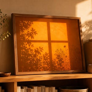 May include: A rectangular framed wall art piece featuring a warm orange background with a dark silhouette of a window frame and foliage shadows cast across the surface. The artwork is displayed in a simple wooden frame with a clean, minimalist aesthetic.