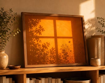 May include: A rectangular framed wall art piece featuring a warm orange background with a dark silhouette of a window frame and foliage shadows cast across the surface. The artwork is displayed in a simple wooden frame with a clean, minimalist aesthetic.