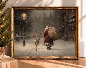 Vintage Santa and Reindeer Christmas Wall Art, Snowy New York City Night Oil Painting Print, Holiday (Digital Download Printable)