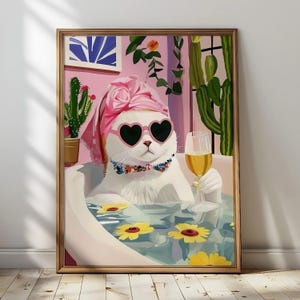Süße weiße Katze mit einem Glas Wein / Herz Sonnenbrille / Flipp / Vintage Druck Maximalist Wand Kunst Badezimmer Dekoration Toilette Katze Liebhaber Poster Geschenke
