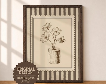 Toilet Paper Flower Wall Art, Minimal Botanical Bathroom Decor, Rustic Floral Line Art Print (Digital Download)