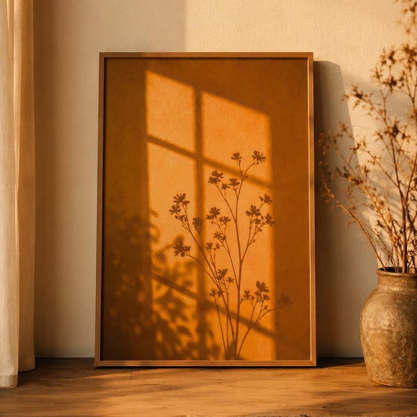 Quadro da parete con ombre dell'ora d'oro, stampa con ombre di finestre al tramonto, decorazione botanica con luci e ombre, arte murale minimalista e calda (download digitale)