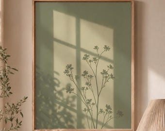 Green Botanical Shadow Wall Art, Minimalist Flower Silhouette Print, Soft Sage Window Light Poster (Digital Download)