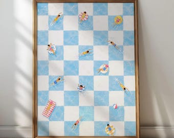 May include: A framed art print featuring a blue and white checkered pattern with swimmers and pool floats. The artwork has a wooden frame and depicts people swimming in a pool with various colorful floats and a beach ball.