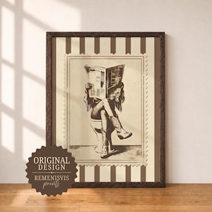 May include: A framed wall art print featuring a sepia-toned illustration of a person wearing cowboy boots sitting on a toilet while reading a newspaper. The image is set against a background of vertical brown and cream stripes with a stamp-like border.