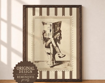 Western Cowgirl Reading Newspaper Trendy Stamp Print / Women Bathroom Wall Art (Digital Download)