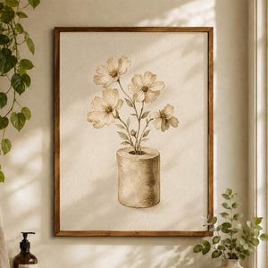 May include: A framed wall art print featuring a watercolor illustration of a bouquet of light brown flowers in a cylindrical vase. The artwork is rendered in neutral beige and brown tones on a textured paper background, enclosed in a wooden frame.
