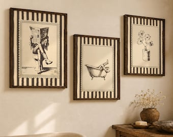 Wall Art Set of 3 Western Cowgirl Trendy Stamp Print / Women Vintage Rustic Bathroom  (Digital Download Printable)