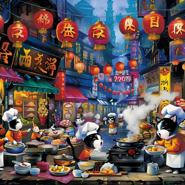 Jigsaw Puzzle " Cats cartoon in Chinatown" (120, 252, 500-Piece)