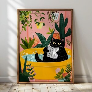 Niedliches Schwarze Katze Lesen Zeitungsdruck Für Toilette Wand Kunst Druck Vintage Katze Druck Maximalist Wand Kunst Badezimmer Dekor Toilette Poster