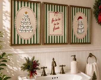 Christmas Bathroom Wall Art Set of 3, Funny Toilet Paper Holiday Prints, Farmhouse Bathroom Decor (Digital Download Printable)