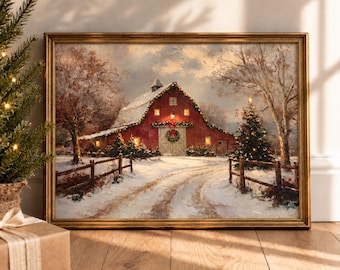 Christmas Barn Wall Art Print, Snowy Red Farmhouse Painting, Vintage Winter Landscape, Rustic Holiday Decor (Digital Download Printable)