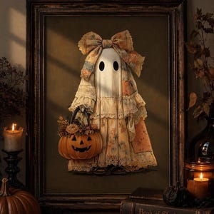 May include: A framed wall art print depicting a ghost figure wearing a floral patterned dress with lace trim and a large matching bow on its head. The ghost holds a carved orange jack-o'-lantern pumpkin filled with autumn leaves and flowers.