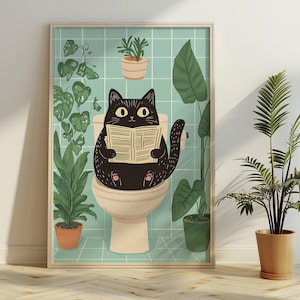 Gato de banheiro lendo jornal impressão para banheiro arte de parede impressão vintage impressão de gato maximalista arte de parede decoração de banheiro arte de parede pôster de banheiro