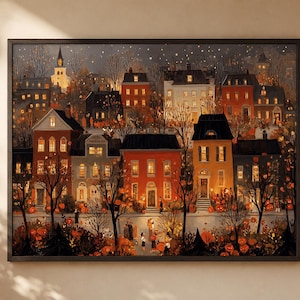 Sfeervolle herfstprint van een stadje 's nachts / Drukte / Gezellige herfstdecoratie voor Halloween / Olieverfschilderij / (Digitale download)
