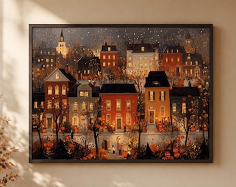 Whimsical Fall Town At Night Print / Crowd People / Cozy Autumn Halloween Wall Art Fall Decor/ Oil Panting /(Digital Download)