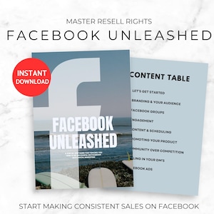 Pode incluir: Um guia de marketing digital intitulado "Facebook Unleashed" com um grande logotipo "F" branco. A capa apresenta uma cena de praia e o texto "Download instantâneo". Uma tabela de conteúdo é visível, com títulos como "Branding & Your Audience."
