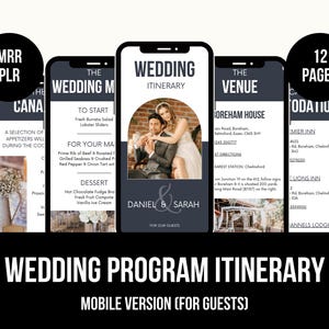 Pode incluir: Um programa de casamento digital exibido em vários smartphones. As telas mostram detalhes como o menu, informações do local e uma foto do casal. O texto inclui "Wedding Itinerary" e "For Our Guests".