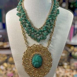 The Paloma | Vintage Layered Collectible Necklace | Vintage Japanese Filigree Pendant | Green Bead Collar | Statement Gold Necklace