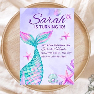 Editable Mermaid Birthday Invitation, Mermaid Invite, Under the Sea Birthday Party, Pink, Purple, Printable Digital Instant Download