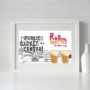 Könnte beinhalten: Eine Schwarzweißillustration des Seattle Public Market mit dem Text "Rolling Seattle the Desi way" und zwei Gläsern Chai-Tee.