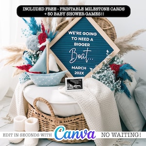 Nautische Segeln Schwangerschaftansage Digital, Erster Mann Segelboot Babymitteilung Bearbeitbar, Baby Boy Sea Themed Gender Reveal, Sommer