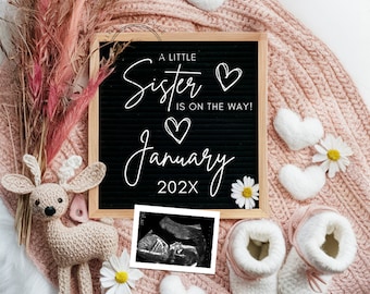 Pink Little Sister Girl Pregnancy Announcement Digital Baby Announcement Girl Gender Reveal Social Media Reveal Editable Template Its a Girl