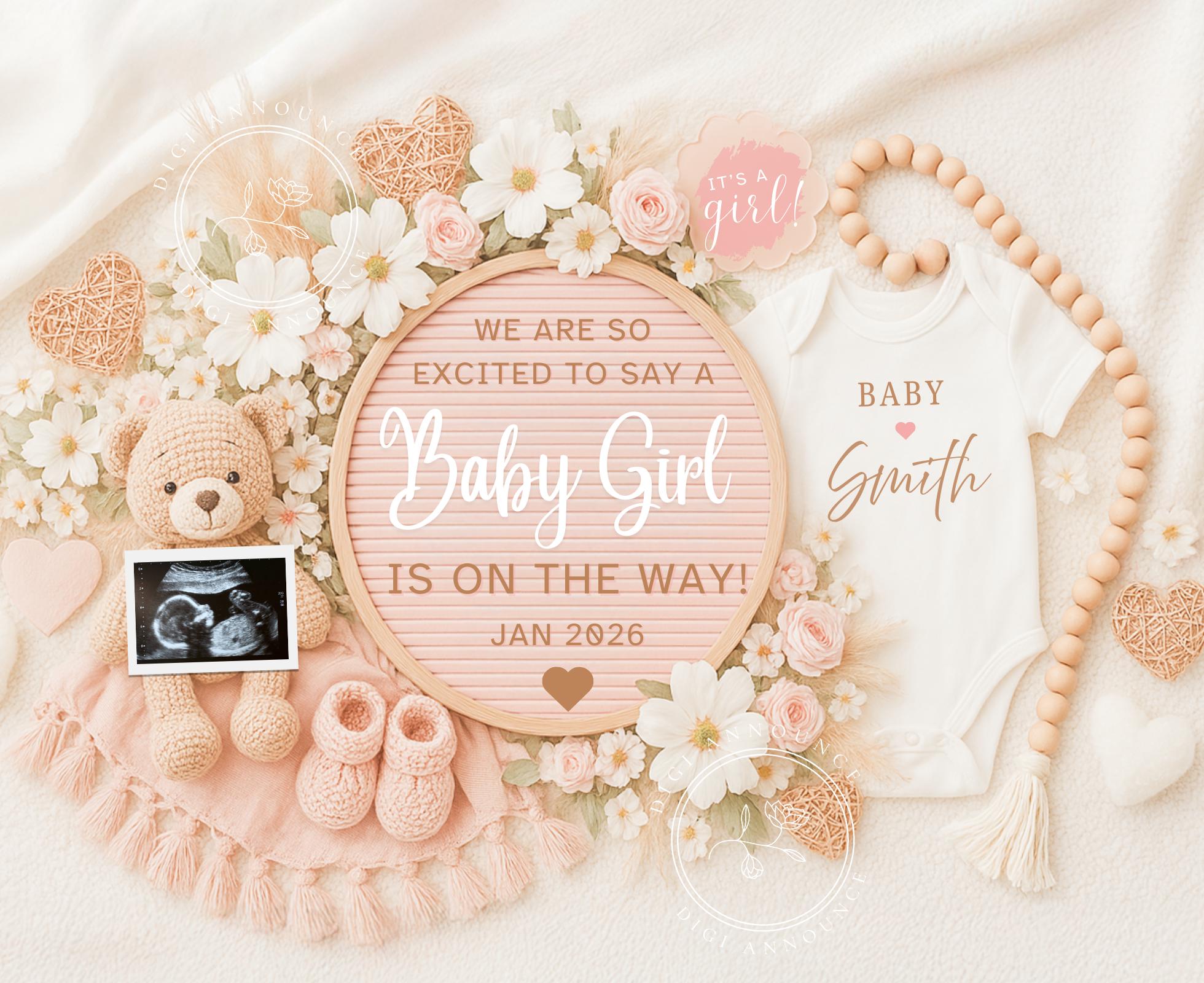 Baby Girl Pregnancy Announcement: Pink Instagram Reveal (digital Template)  - Etsy Israel, image size:1960x1600