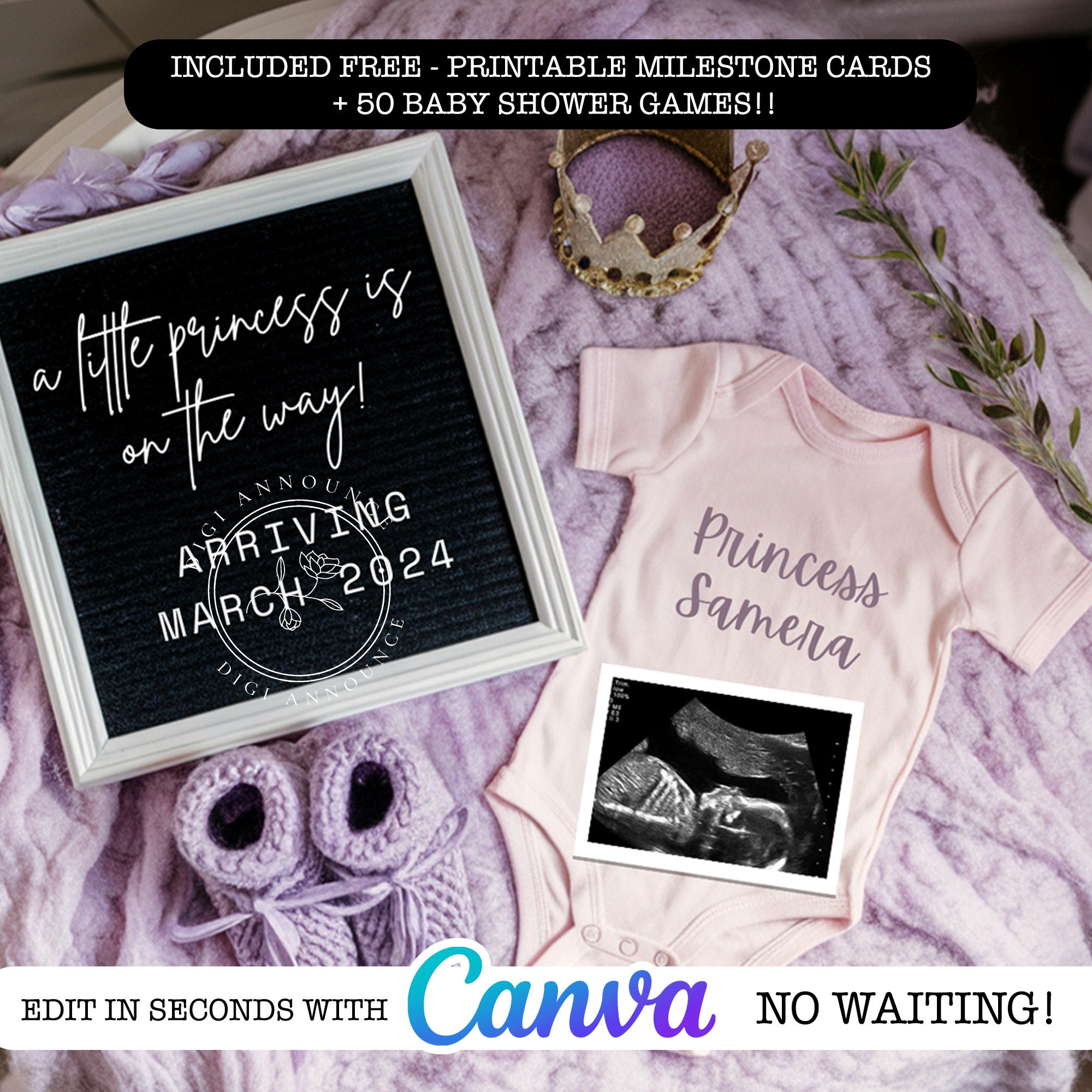 Anuncio de bebé princesa: revelación del género de niña, plantilla editable  (descarga digital) - Etsy México, image size:2000x2000