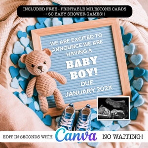 Boy Pregnancy Announcement Digital Baby Announcement Boy Gender Reveal Social Media Reveal Editable Template Its a Boy Little Brother Blue