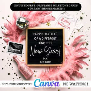 Noworoczne ogłoszenie o ciąży w wersji cyfrowej - Noworoczne ogłoszenie o dziecku - It's A Girl NYE Edytowalny szablon - Popping Bottles
