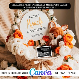 Woodland Fox Pregnancy Announcement Editable Template, Forest Animals Theme It's a Boy Gender Neutral Social Media Digital Baby Announcement