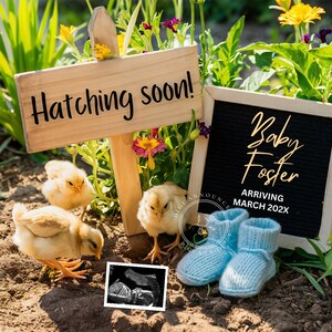 Könnte beinhalten: Eine Schwangerschaftsankündigung mit drei gelben Küken, einem Schild mit der Aufschrift "Hatching soon!" und einer Filztafel mit "Baby Foster" und "Arriving March 202X". Hellblaue gestrickte Babyschuhe und ein Ultraschallbild sind ebenfalls vorhanden.