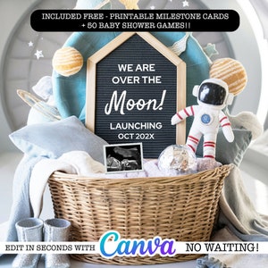 Anuncio digital de embarazo de astronauta espacial: estamos encantados con la luna: anuncio de bebé varón: plantilla personalizable: descarga digital
