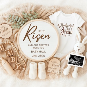 Anuncio de embarazo de Pascua editable en Canva, Jesús, Conejito "Ha Resucitado", Bebé digital religioso, Plantilla bendita, Redes sociales, Editar