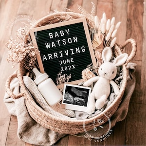 Baby Ankündigung Vorlage Download - Einfaches Häschen Gender Neutral Boho Schwangerschaft Instagram, bearbeitbare Vorlage Social Media Facebook