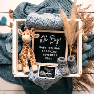 Annuncio digitale di gravidanza di un maschietto / Annuncio di un neonato giraffa / Oh, Boy! Rivelazione del sesso del bambino sui social media.