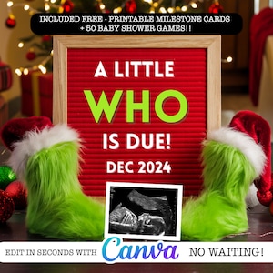 Faire-part de grossesse de Noël numérique, faire-part de bébé surprise drôle, thème de Noël, modèle modifiable, un peu qui est dû