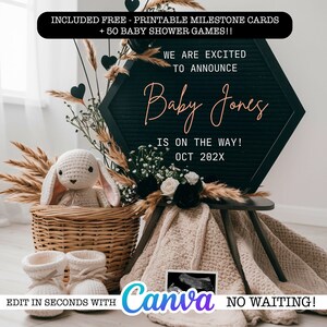 Moody Black Pregnancy Announcement - Gender Reveal - Digital Canva Template - Social Media Template - Canva Template