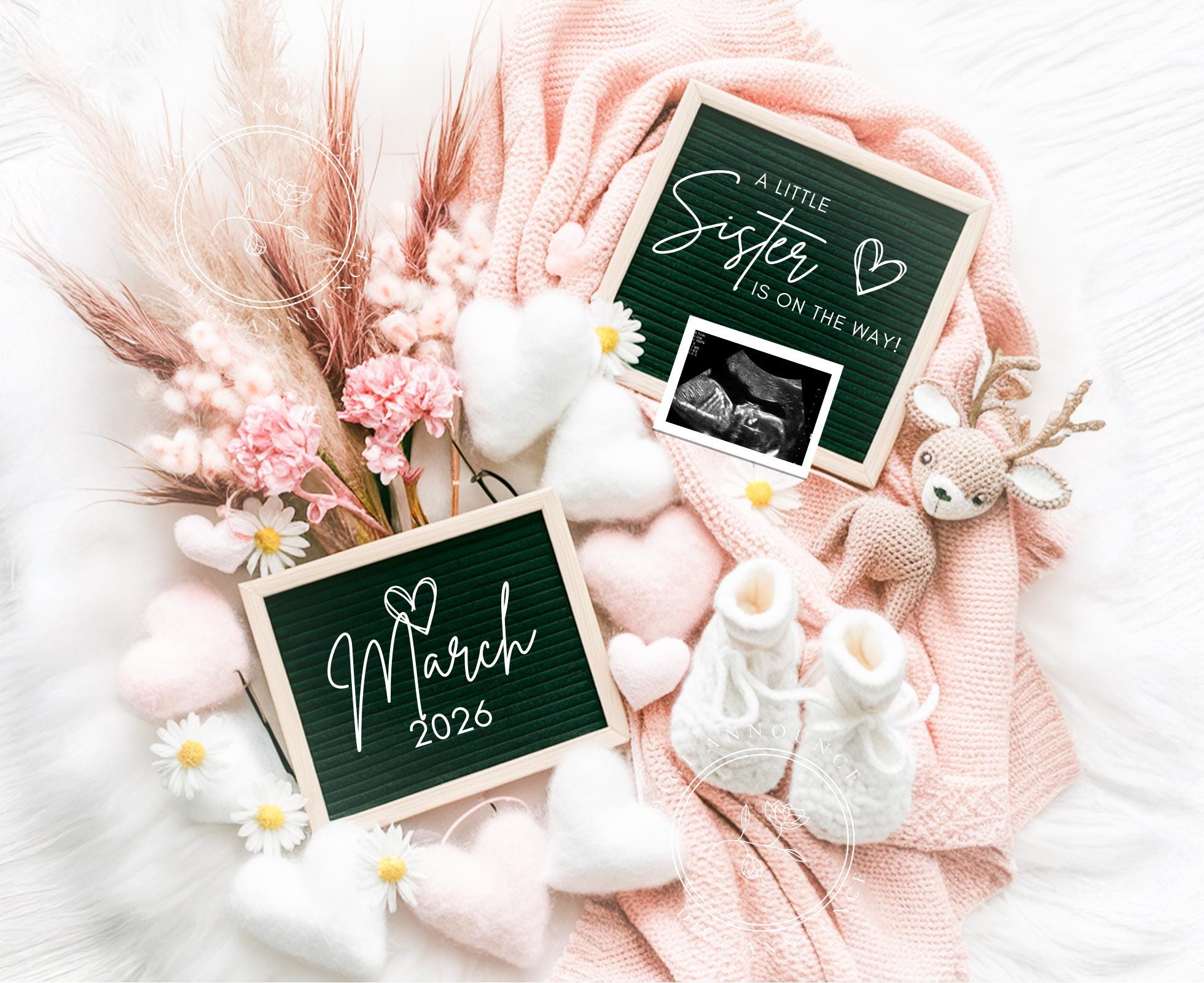 Pink Little Sister Girl Pregnancy Announcement Digital Baby Announcement Girl Gender Reveal Social Media Reveal Editable Template Its a Girl