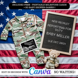 Military Pregnancy Announcement Digital, 4th of July Baby Announcement, Army Solider Baby Reveal, New Recruit Reporting For Duty, Editable