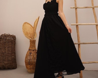Black Lace Maxi Dress, Organic Cotton Goth Dress,Wedding Guest Gown
