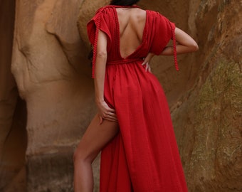 Boho Maxi Dress, Ethereal Goddess Gown,Bohemian Wedding Outfit, Greek Inspired Summer Festival Clothing,Organic Clothing,linen,resort wear