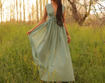 Boho Backless High Slit Maxi Dress, Organic Cotton Summer Gown,Resortwear,Wedding Guest,Cottagecore