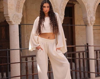 Boho two piece pant set,wide leg pants set,loose fitting,summer outfit,yoga pants,harem pants,women pant suit,cotton pants,festival outfit