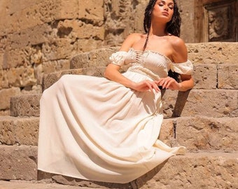 Off White Wedding Dress – Organic Cotton Puff Sleeve Boho Gown,Priestess,Cottagecore,