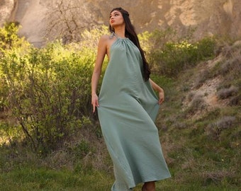 Goddess Dress,Sleeveless Boho Dress, Flowy Goddess Gown,Grecian Goddess Style,Wedding Guest Dress,Open Back Maxi Dress,Organic Cotton Dress