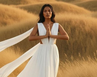 Godin-jurk van biologisch katoen - lange jurk met lange sleep - boho bruids-etherische fotoshoot - Flowy